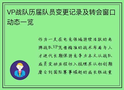 VP战队历届队员变更记录及转会窗口动态一览