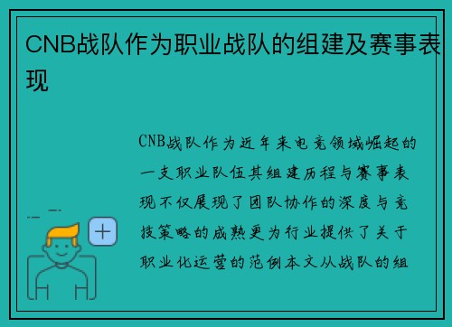 CNB战队作为职业战队的组建及赛事表现